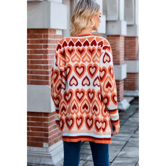 Chunky Heart Cardigan Sweater for Women Long Open Front Color Block Cozy - Picture 5 of 6